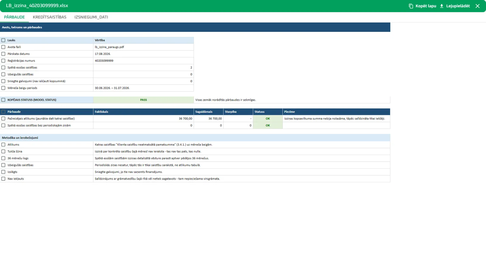 The Latvijas Banka statement check in the browser - MODEL STATUS: PASS.