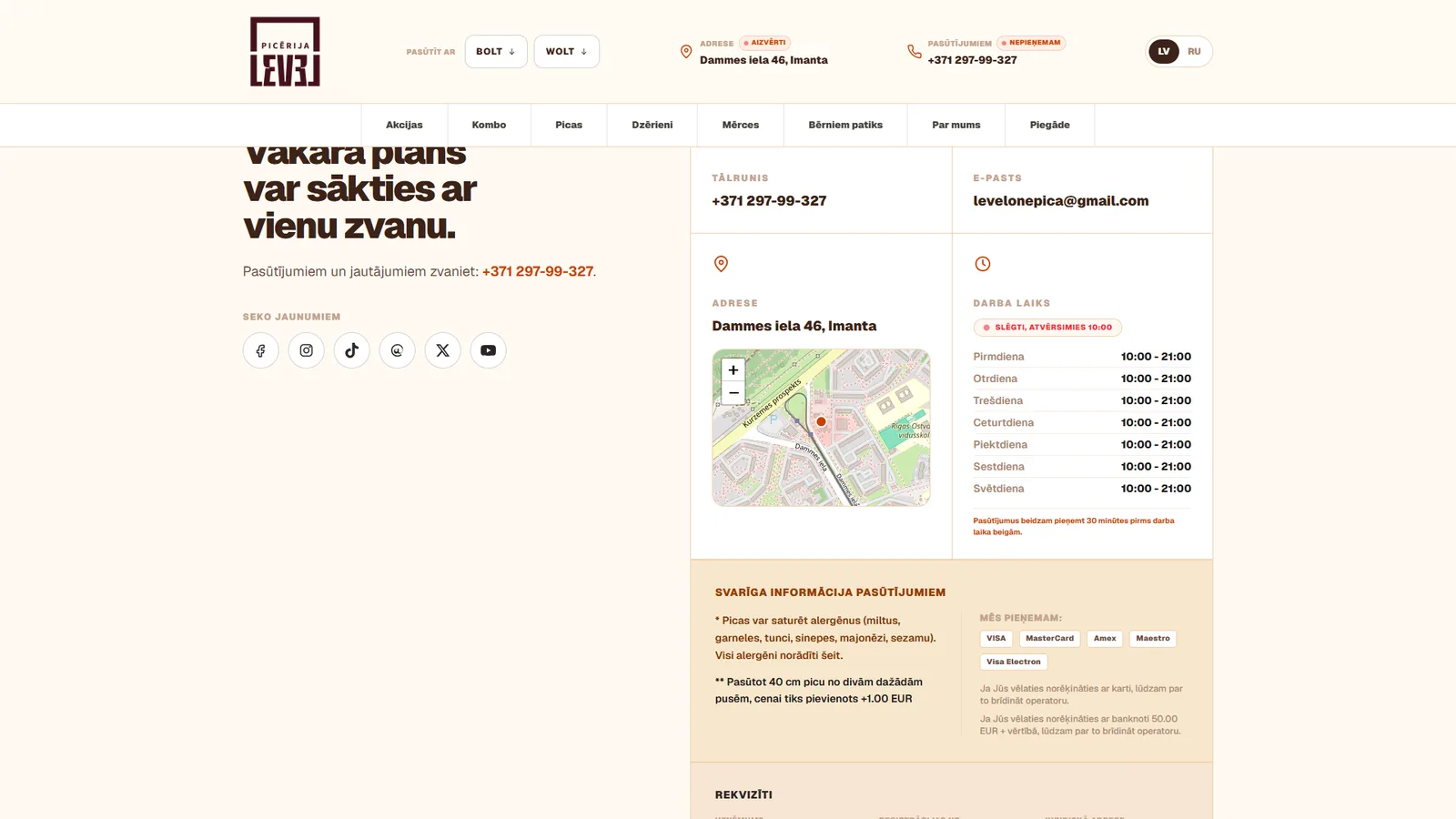 Contacts - opening hours with a live status, company details and accepted payment methods.