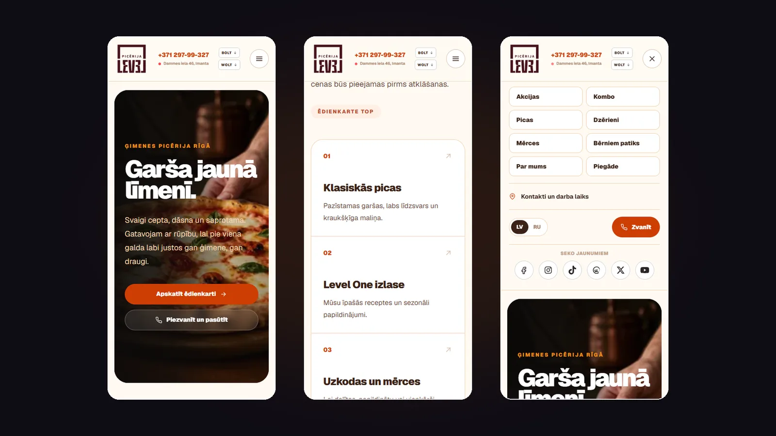 The responsive phone view - home page, menu sections and the open menu.