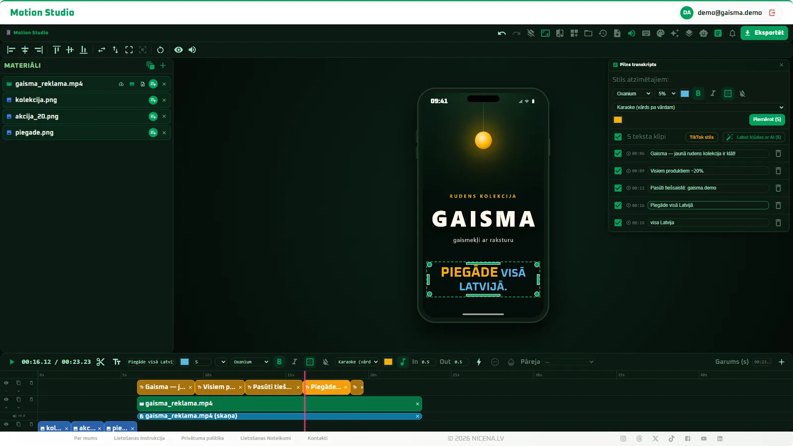 The AI subtitles line by line in the transcript panel - each one editable, with one-click TikTok styling.