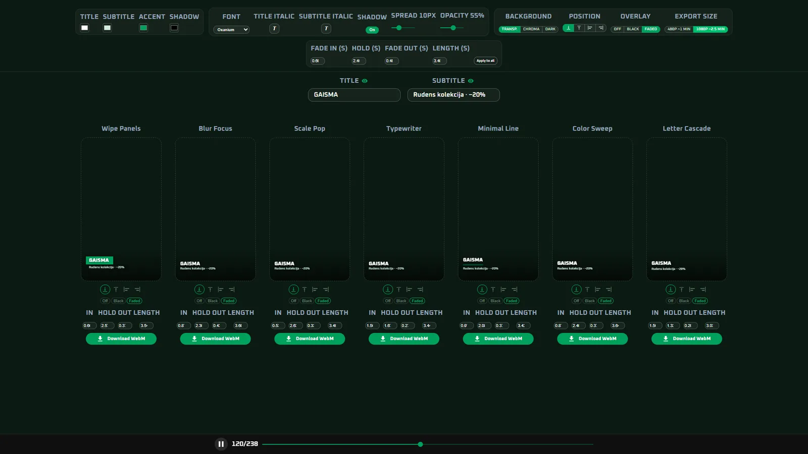 The lower-third generator - seven animated presets, each downloadable as a transparent WebM.