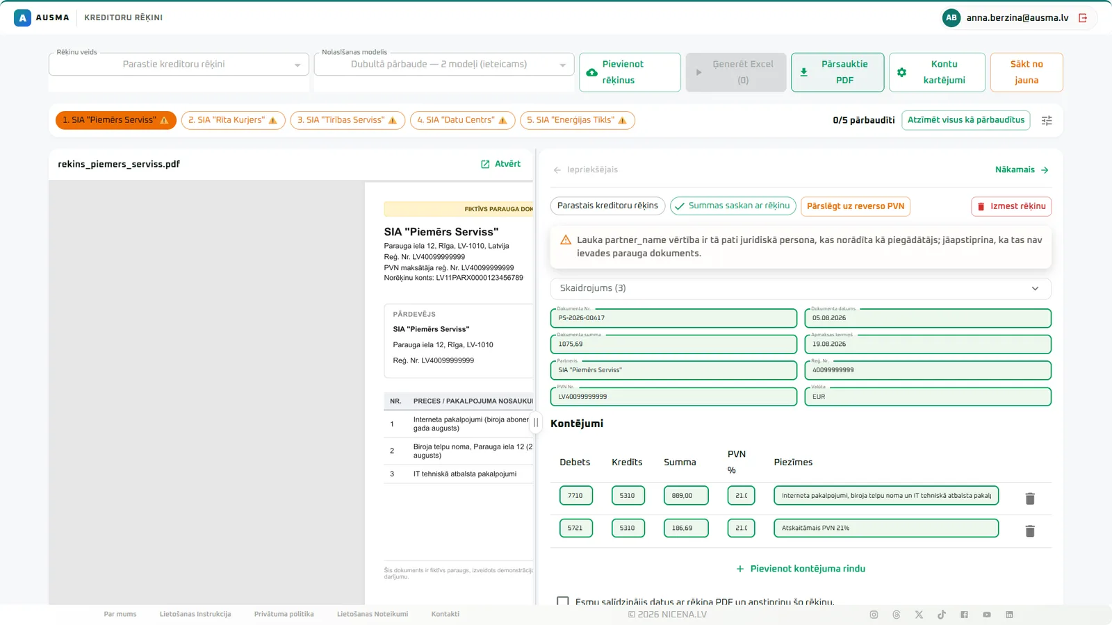 The data read itself - number, dates, totals, partner and VAT already in the fields.