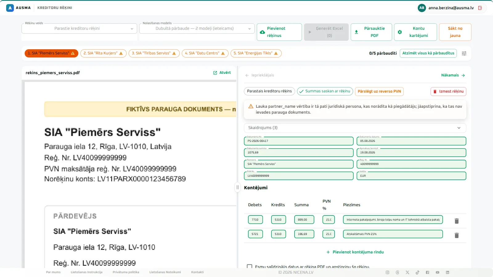 The invoice and the extracted data side by side in one window - checking without switching.