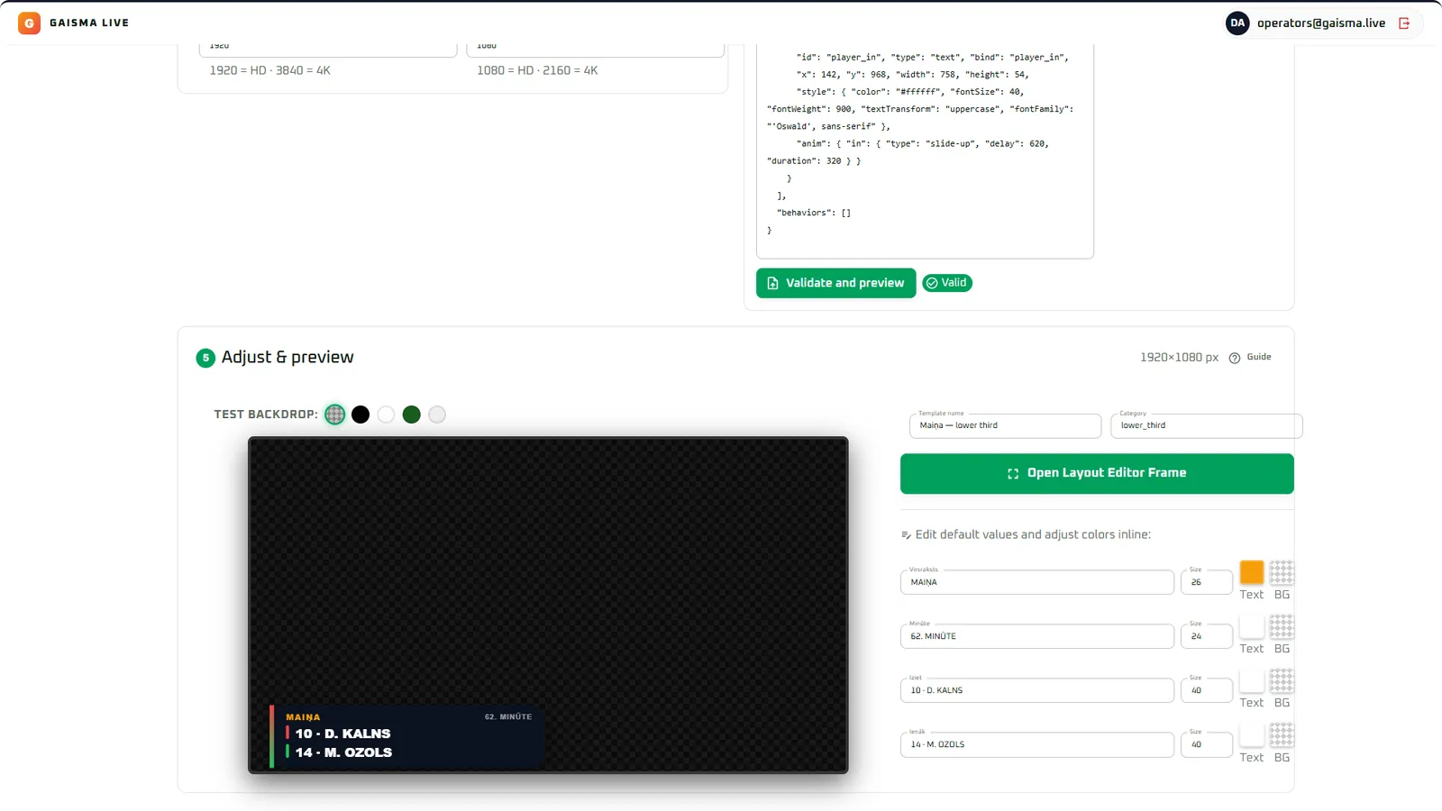 The AI-generated design validated and shown in a live preview - text and colours adjustable on the spot.