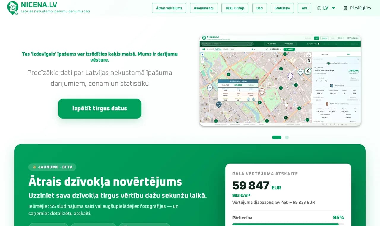 The NICENA.LV homepage - transaction map and quick apartment valuation
